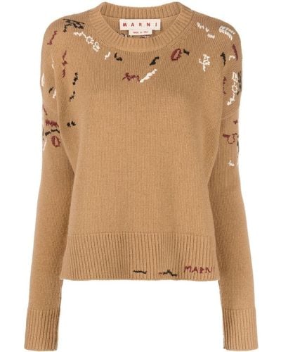 Marni Embroidered Round Neck Sweater - Brown