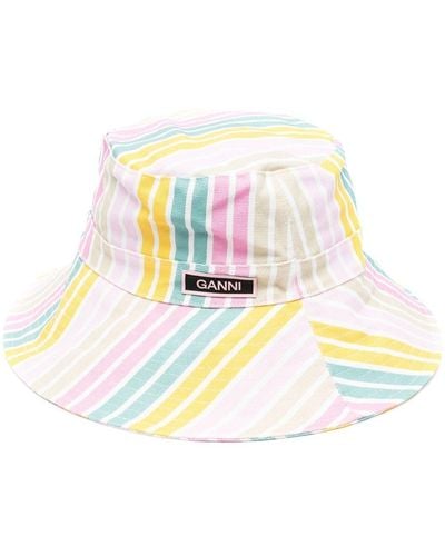 Ganni Stripe Recycled Tech Bucket Hat - Blanco