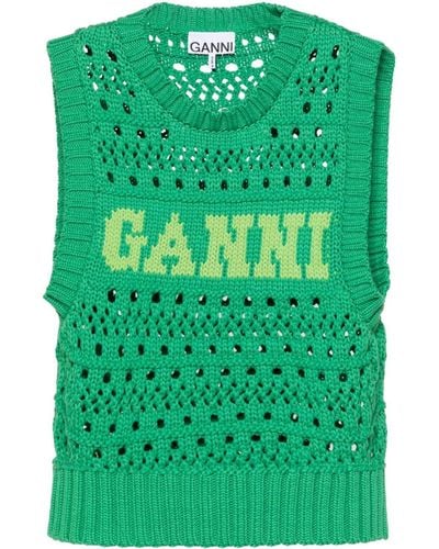 Ganni Open Stitch Gebreide Vest Met Logo - Groen