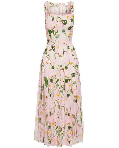 Oscar de la Renta Painted Poppies-print Cady Midi Dress - Pink
