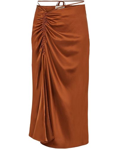 Nicholas Ruched Midi Silk Skirt - Brown