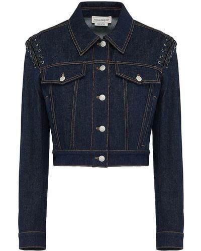Alexander McQueen Lace-up cropped denim jacket - Bleu