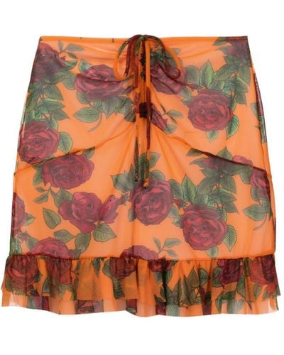 Amir Slama Rose-pattern Gathered Miniskirt - Orange