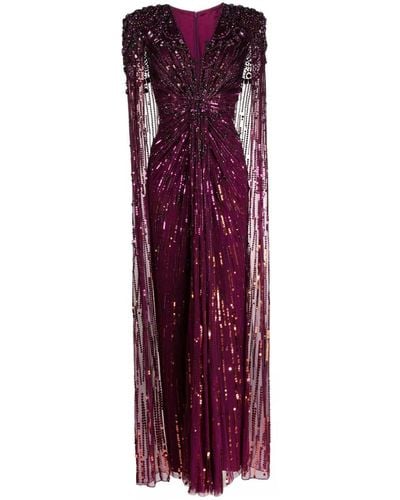 Jenny Packham Lotus Cape-effect Embellished Sequined Tulle Gown - Purple