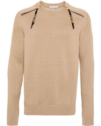 Moschino Zipped-shoulders Cotton Jumper - Natural