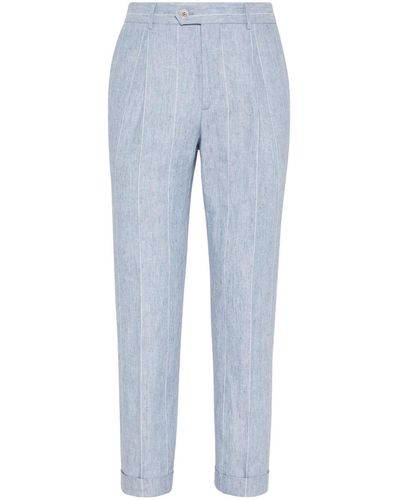 Brunello Cucinelli Gestreifte Tapered-Hose aus Leinen - Blau