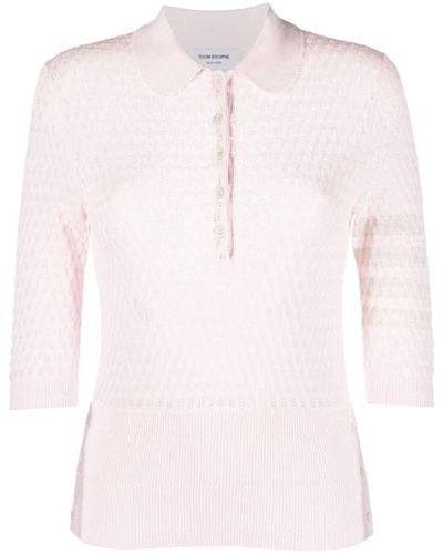 Thom Browne 4-bar Stripe Pointelle-knit Polo Top - Pink