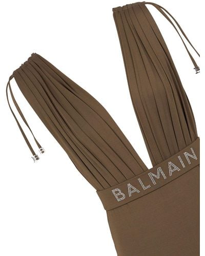 Balmain Logo-embellished Draped-detailing Swimsuit - Brown