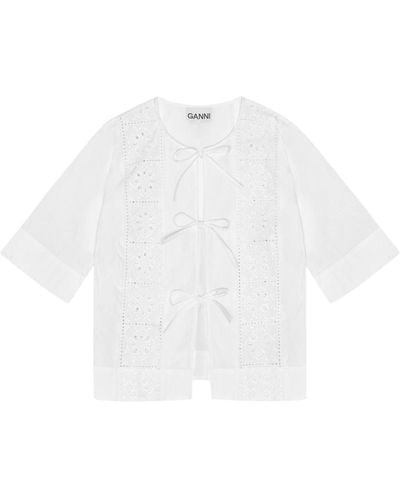 Ganni Embroidered Tie Blouse - White