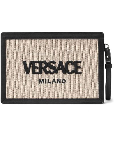 Versace Logo-embroidered Raffia Clutch Bag - Black