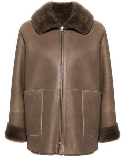 Liska Spread-collar Leather Coat - Brown