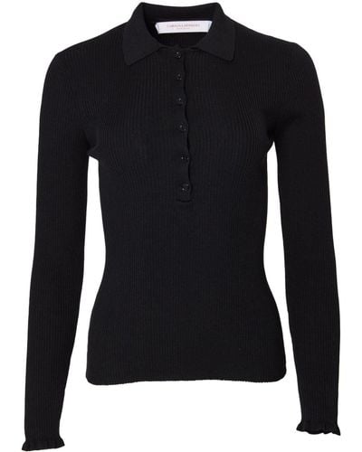 Carolina Herrera Ruffle-trim Ribbed Polo Sweater - Black