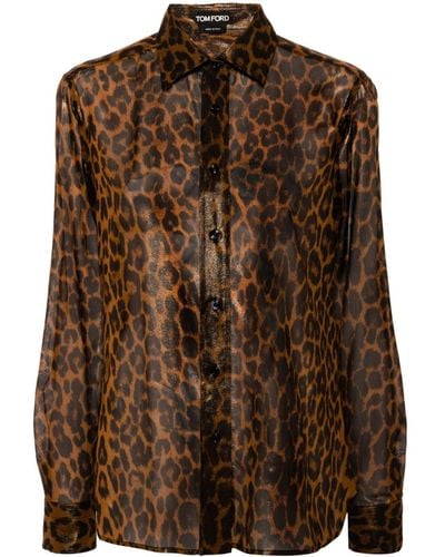 Tom Ford Seidenhemd mit Leoparden-Print - Braun