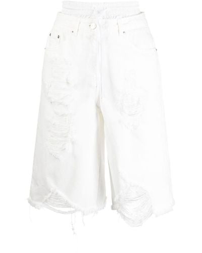 Juun.J Double-layer Distressed Denim Shorts - White
