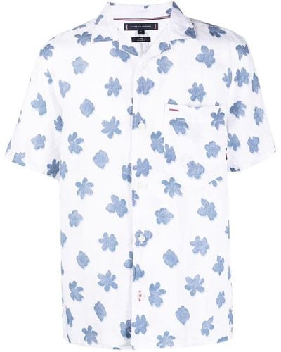 Tommy Hilfiger Leinenhemd mit Mono Flower-Print - Blau