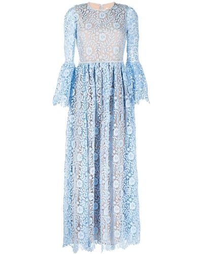 Self-Portrait Lace-embroidered Round-neck Dress - Blue