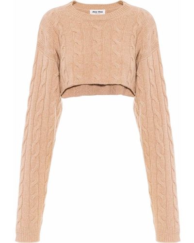 Miu Miu Cable Knit Cropped Cashmere Sweater - Brown