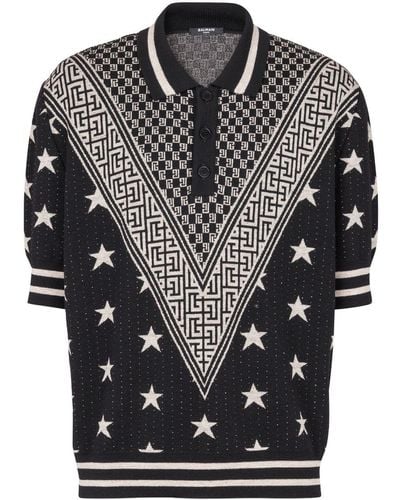 Balmain Monogram Stars Jacquard Polo Shirt - Black
