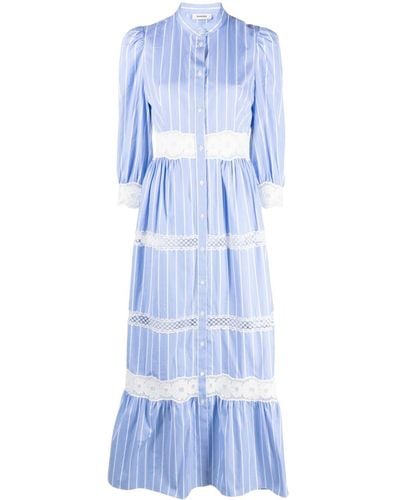 Sandro Lace-embroidered Long-sleeve Striped Cotton Maxi Dress - Blue