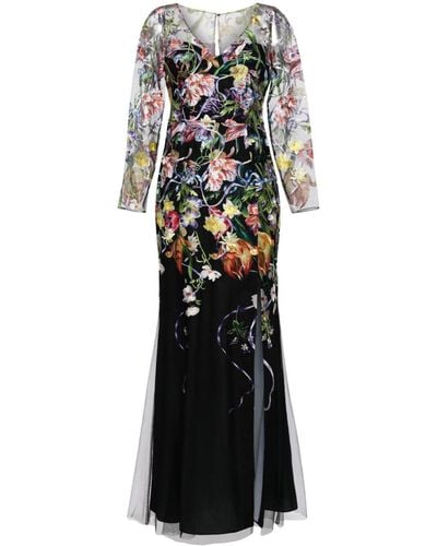 Marchesa Ribbons Floral-embroidered Gown - Black