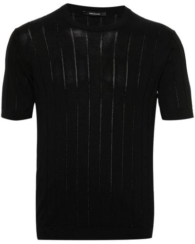 Tagliatore Ribgebreid Katoenen T-shirt - Zwart