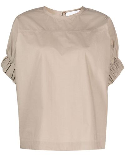 Nude Ruched-sleeves Cotton T-shirt - Natural