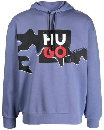 HUGO Hoodie en coton à logo imprimé - Bleu