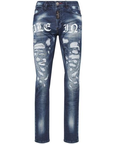 Philipp Plein Jeans dritti con stampa - Blu