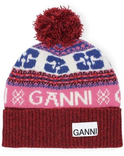 Ganni Patterned-intarsia Knitted Beanie - Red