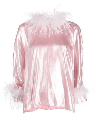 Styland Metallic-sheen Feather-trimmed Blouse - Pink