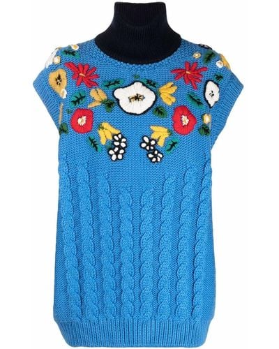 Miu Miu Floral-embroidered Chunky-knit Vest - Blue