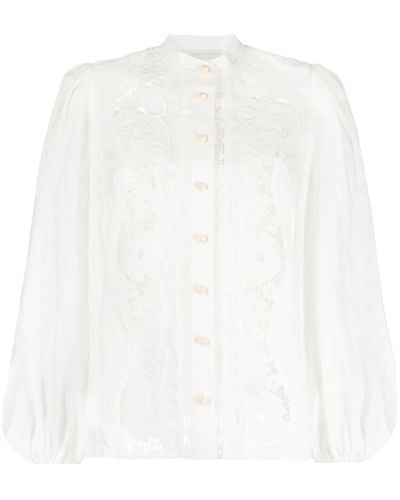Zimmermann Camisa con encaje de guipur y manga farol - Blanco