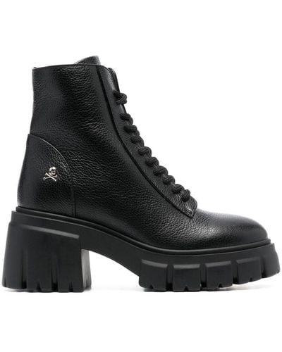 Philipp Plein Shearling Lined Lace-up Leather Ankle Boots - Black
