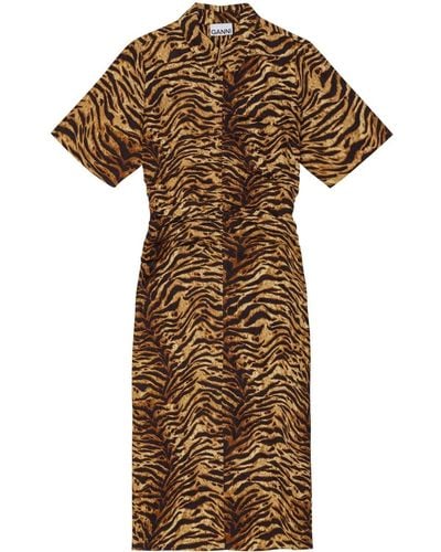 Ganni Tiger-print Organic Cotton Dress - Brown