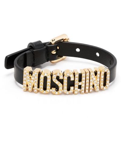 Moschino Bracelet en cuir à plaque logo - Noir