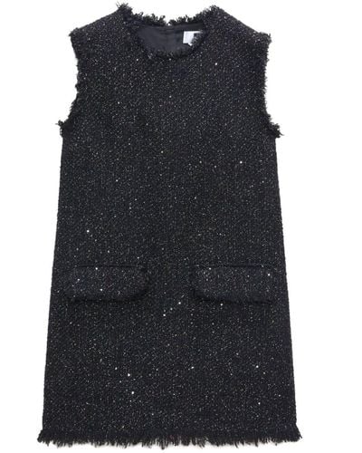 MSGM Frayed-edge Tweed Mini Dress - Black