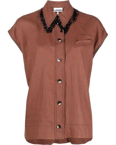 Ganni Crystal-collar Sleeveless Hemp Shirt - Brown