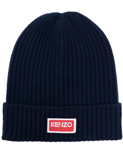 KENZO Logo-patch Ribbed-knit Beanie - Blue