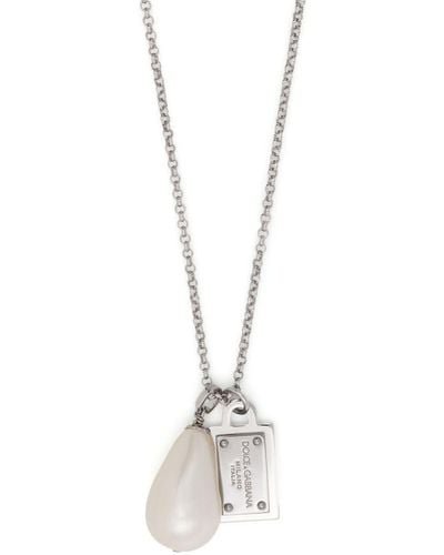 Dolce & Gabbana Logo-plaque Pearl-pendant Necklace - White