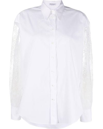 Brunello Cucinelli Camisa de manga larga con bordado inglés - Blanco