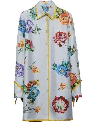 Prada Hemdkleid aus Seide mit Blumen-Print - Blau