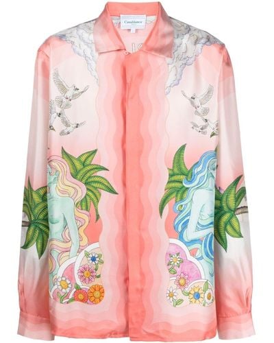 Casablancabrand Paix Et Amour Tennis Club-print Silk Shirt - Pink