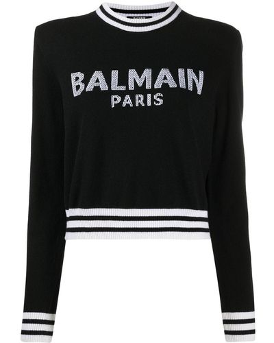 Balmain Pull en maille intarsia à logo - Noir