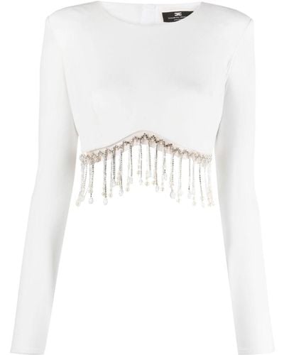 Elisabetta Franchi Beaded-fringe Velvet Cropped Top - White