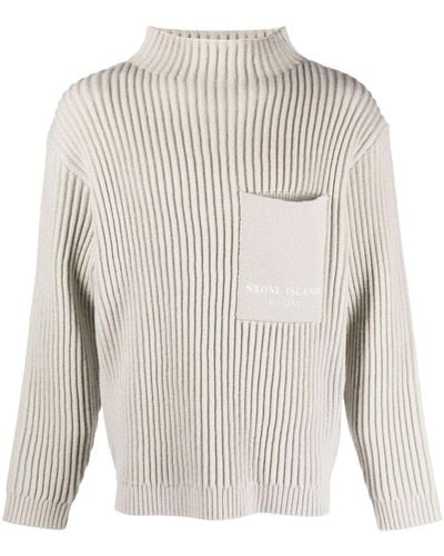 Stone Island Logo-print Chunky-knit Sweater - White