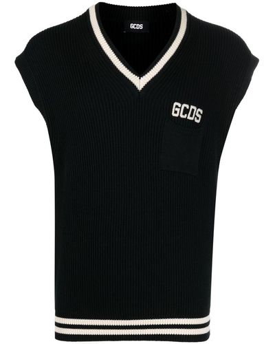 Gcds Knitted Vest With V-neck And Inlaid Logo - Black