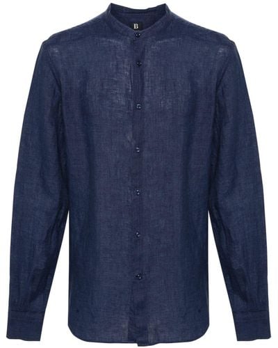 BOGGI Band-collar Linen Shirt - Blue