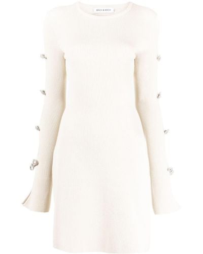 Mach & Mach Bow-embellished Ribbed-knit Minidress - White
