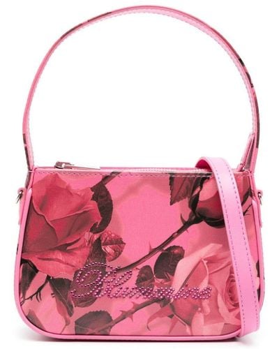 Blumarine Rhinestone-logo Floral-print Leather Tote Bag - Pink