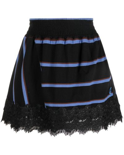 Koche Lace-hem Striped Mini Skirt - Black